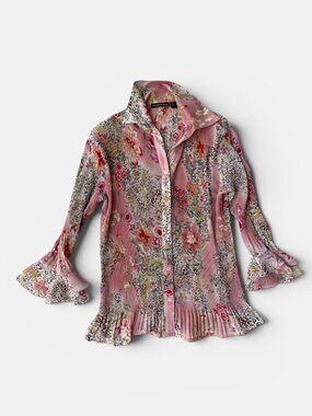 🌸 Essentials by Milano Floral Pleated Blouse Pink Ruffle Sleeve
